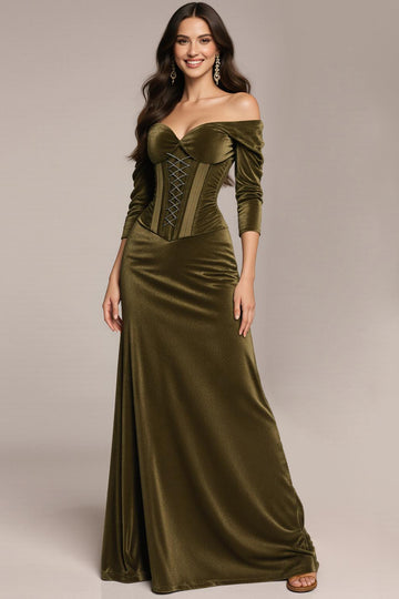 Off The Shoulder Green Velvet Formal Dress With 3/4 Sleeves